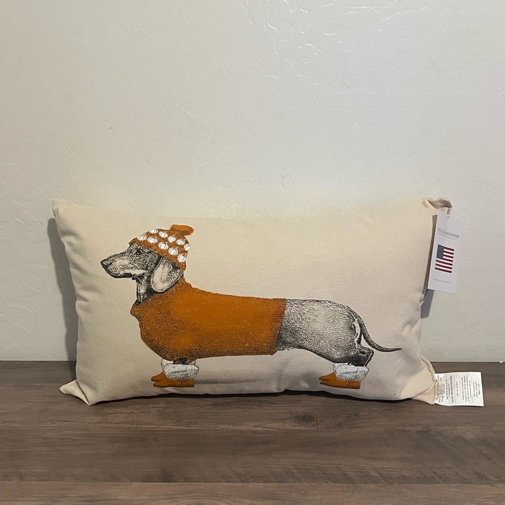 NEW Dachshund Doxie Orange Pumpkin Beanie Sweater & Fur Boots Decorative Pillow